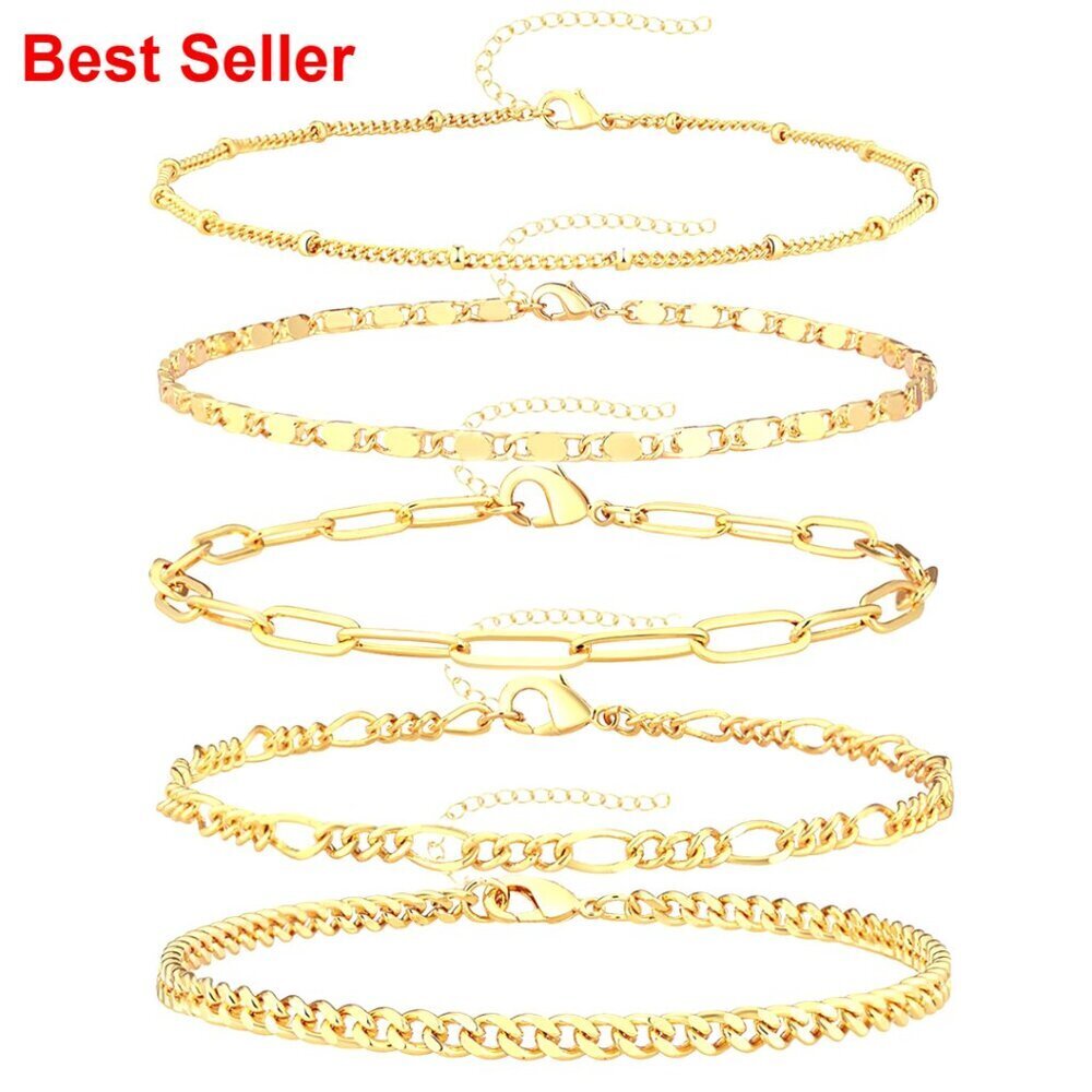 14K Gold Plated Dainty Stackable Bracelets Set Adjustable 7+2 Inch